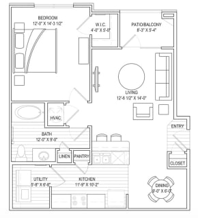 1 bed, 1 bath, 768 sqft unit