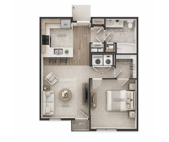 A floor plan of a house with a living room, dining room, kitchen, and bedrooms.