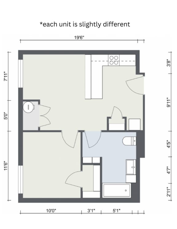 a 1 bedroom floorplan with a bedroom and a living room