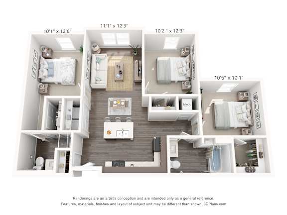 A set of four renderings of apartment layouts with dimensions.