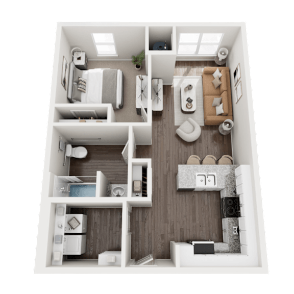 A 3D floor plan of a small apartment with a kitchen, living room, and bedroom.