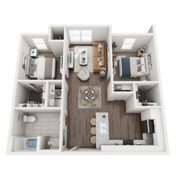 A 3D floor plan of a small apartment with two bedrooms and a bathroom.