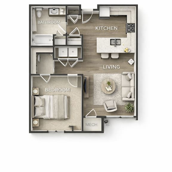 A floor plan of a small apartment with a bedroom, kitchen, and living room.