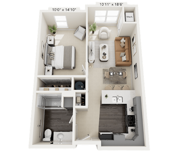A 3D floor plan of a small apartment with two bedrooms and a living area.