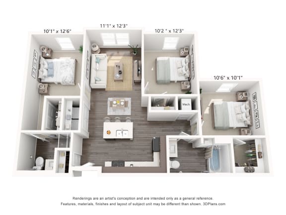 a 3d floor plan of a home with a bedroom and a living room