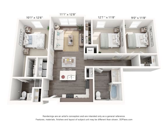 a 3d floor plan of a home with a bedroom and a living room