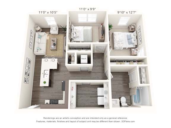 a 3d floor plan with a bedroom and a living room
