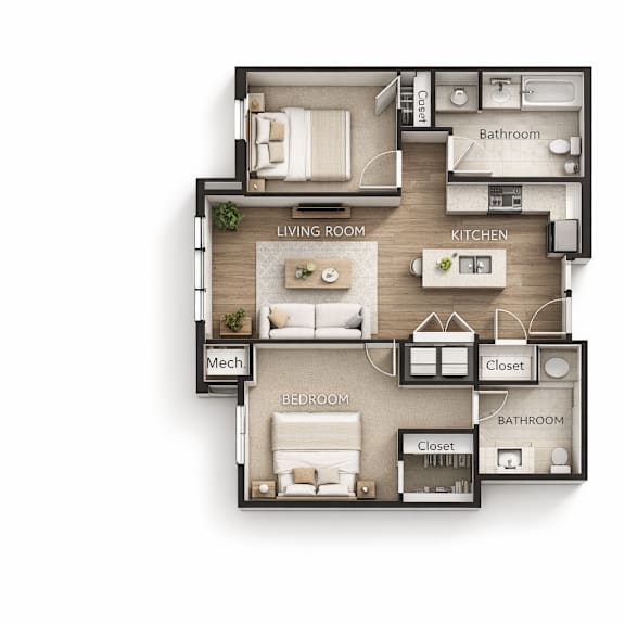 A floor plan of a small apartment with a living room, kitchen, bedroom, and bathroom.
