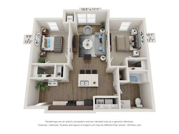 A 3D floor plan of a small apartment with a kitchen, living room, and bathroom.