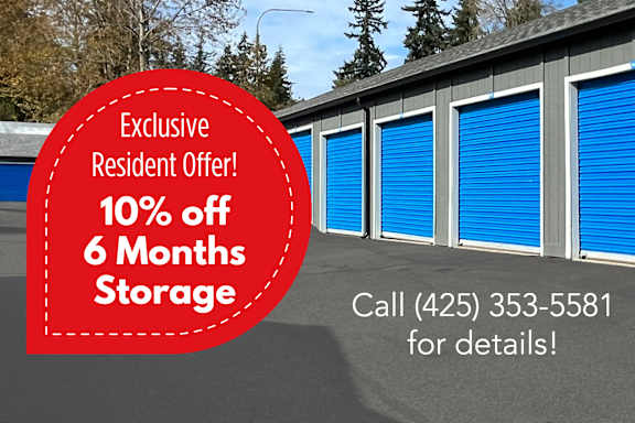 A storage facility is advertising a 10% discount on 6 months of storage for residents.