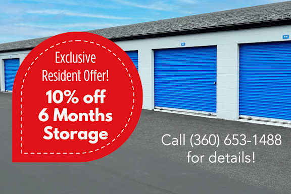 A storage facility is advertising a 10% discount on a 6-month storage plan for residents.
