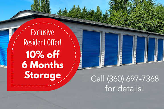 A storage facility is advertising a 10% discount on 6 months of storage for residents.