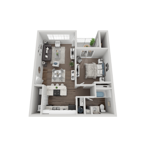 A 3D rendered image of a small apartment layout.