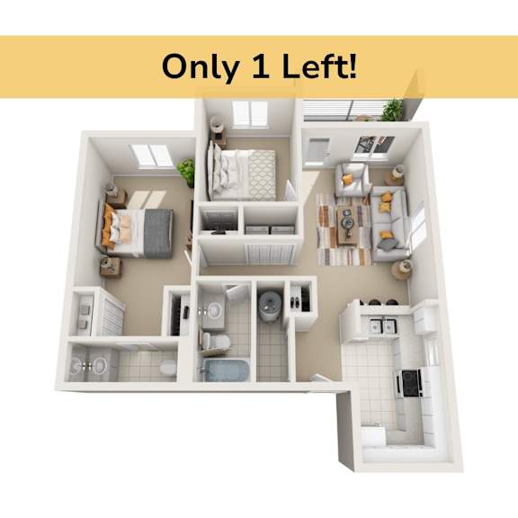 A 3D floor plan of a small apartment with the text "Only 1 Left!" at the top.