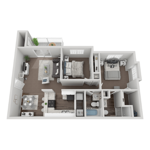 A detailed 3D floor plan of a house layout.