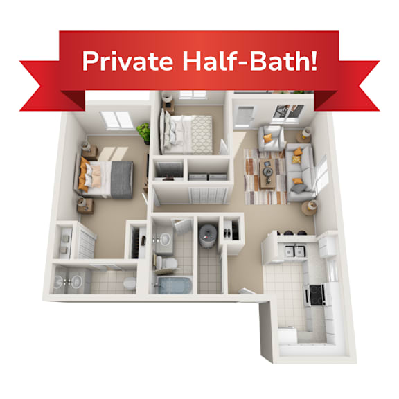 A 3D floor plan of a private half-bath.
