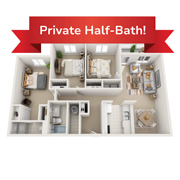 A diagram of a small apartment layout with a private half-bath.