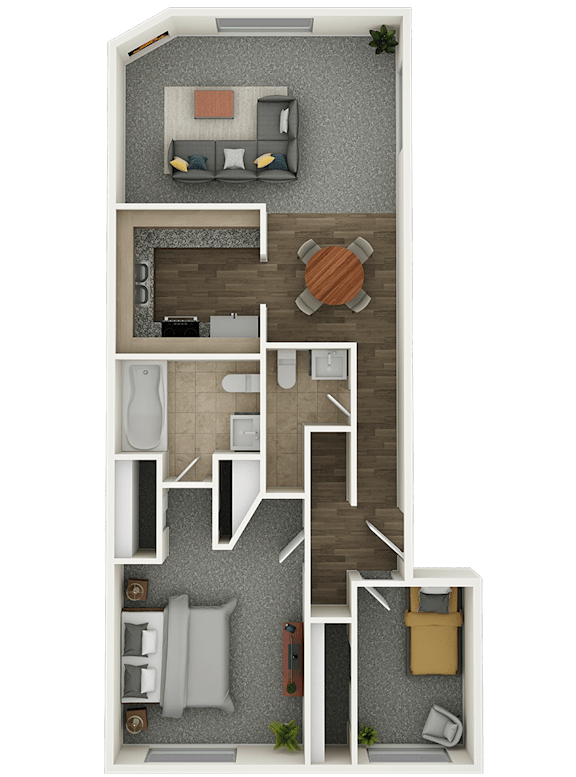 A 3D floor plan of a small apartment with a living room, kitchen, and bedroom.