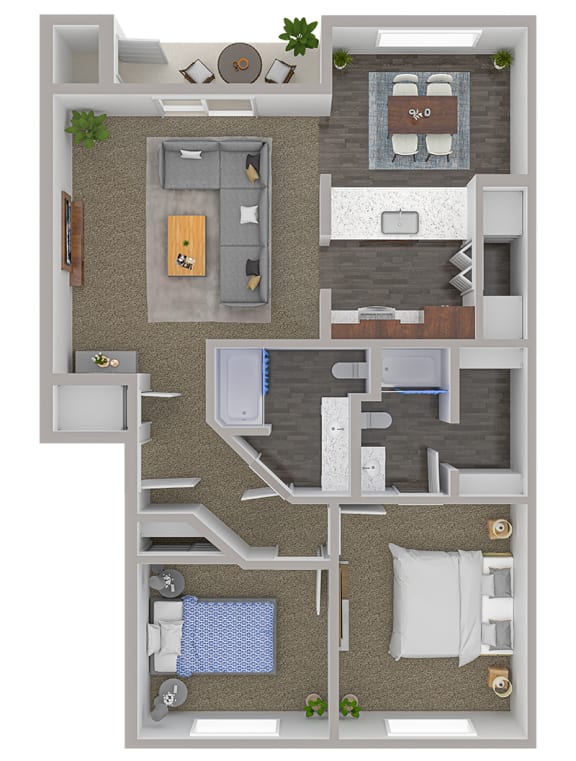 A floor plan of a two bed two bath apartment at Clearwater, Post Falls, ID