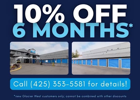 A promotional image offering a 10% discount for 6 months at Glacier West self storage.