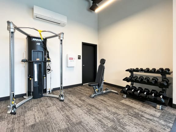 a gym with weights and cardio equipment in a corner of a room  at The Duo, University Place, WA 98466