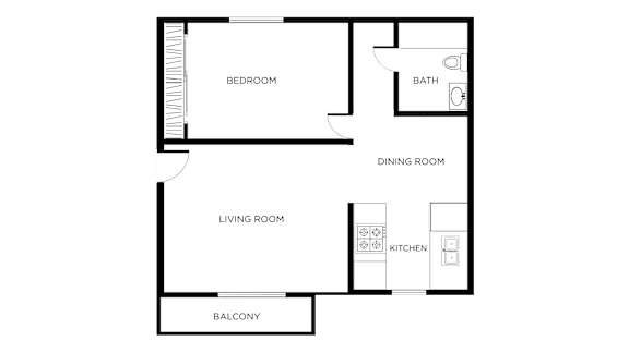 A floor plan of a house with a bedroom, bathroom, dining room, living room, kitchen, and balcony.