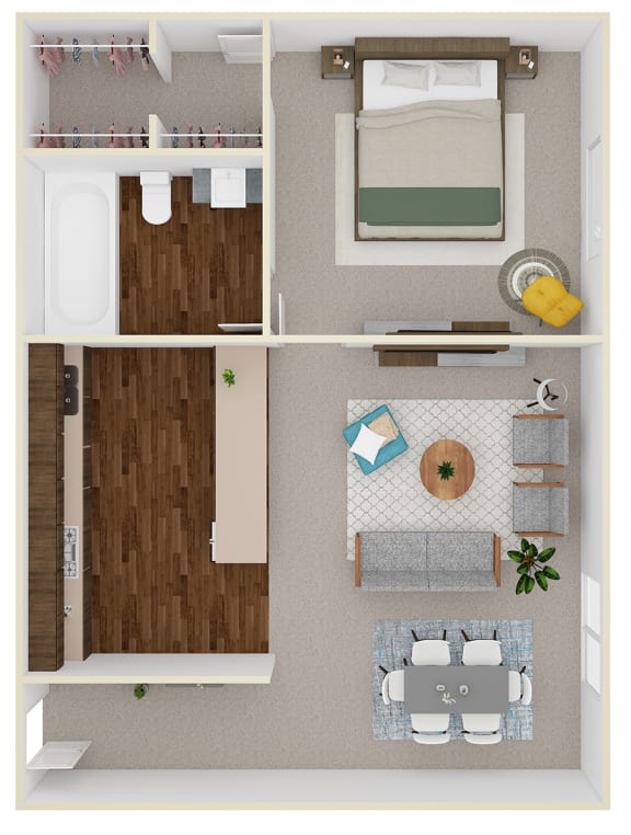 A floor plan of a one bedroom apartment with virtual staging at Laurel Park, Idaho, 83301