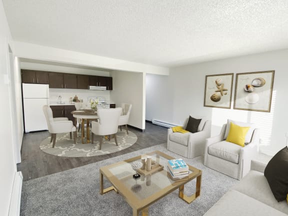 a living room and dining room with a table and chairs
