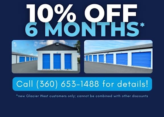 A promotional image offering a 10% discount for 6 months at Glacier West storage facilities.
