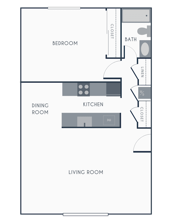 A floor plan of a room with a bedroom, dining room, kitchen, and living room at Melrose on 91.