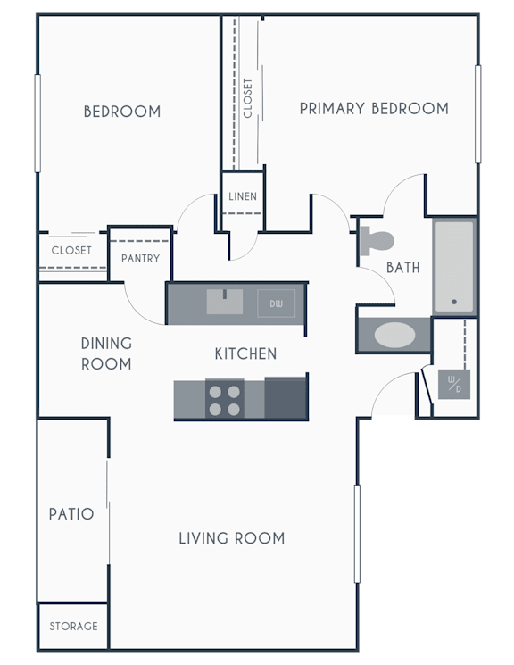 A floor plan of a house with a living room, dining room, kitchen, pantry, two bedrooms, and a bathroom at Melrose on 91.