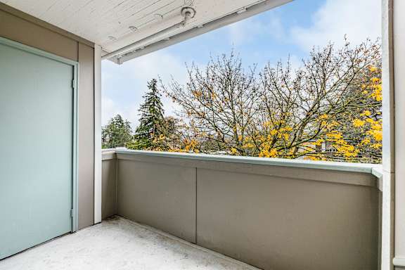 A balcony with a view of trees and a blue sky at Peak 88 Apartments in Renton, WA.