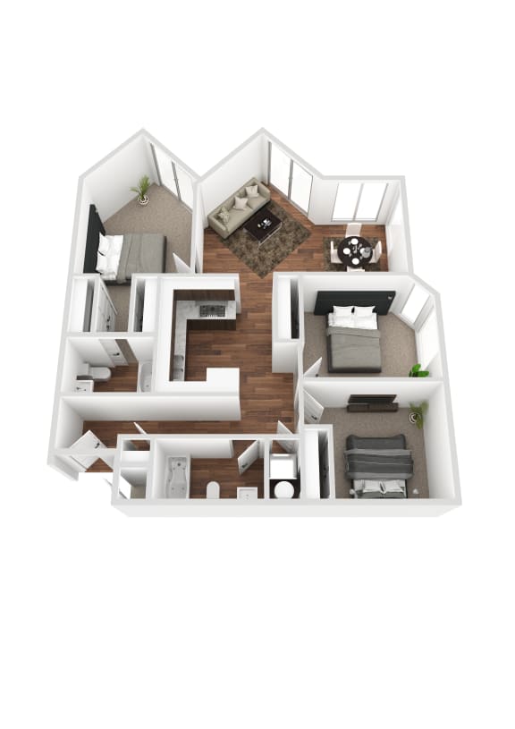 bedroom floor plan an in 3d at Shoreline Village, Richland Washington