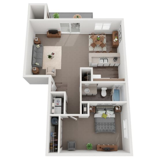 A floor plan of a one bedroom apartment virutally staged.at Sitka Heights, Fife