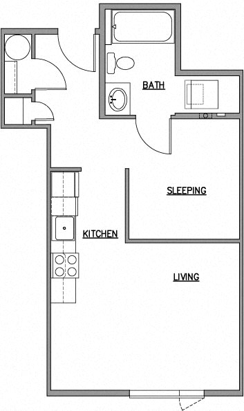 Open one bedroom floor plan at The Duo, University Place Washington