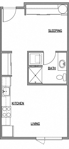 Open one bedroom floor plan at The Duo, Washington
