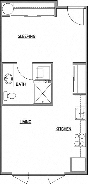 Open one bedroom floor plan at The Duo, University Place, WA 98466