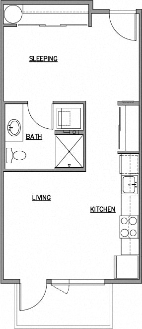 Open one bedroom floor plan at The Duo, Washington, 98466