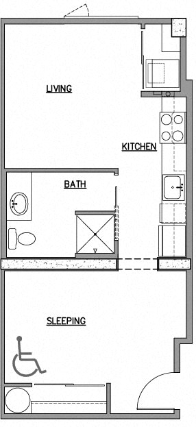 Open one bedroom floor plan at The Duo, University Place, WA