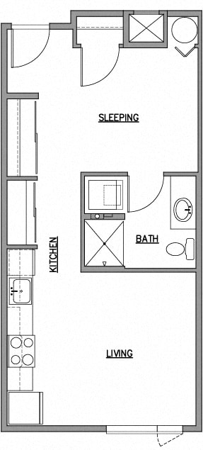 Open one bedroom floor plan at The Duo, University Place, 98466