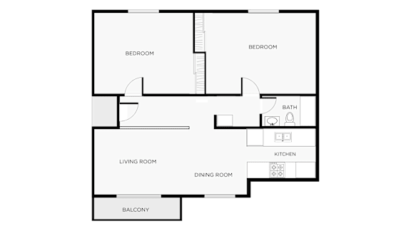 A floor plan of a house with labeled rooms including a living room, dining room, kitchen, and two bedrooms.