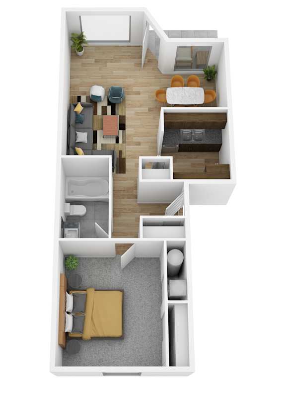 A top-down view of a small apartment with a living room, kitchen, and bathroom.