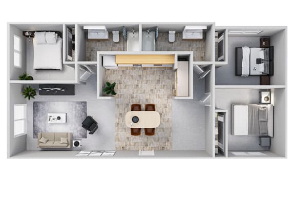 A floor plan of a three bedroom apartment at Wildflower, Kennewick, WA