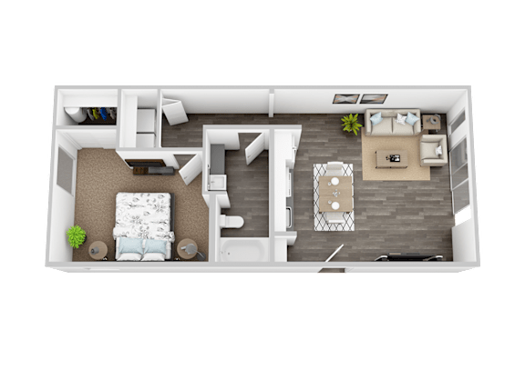 A top-down view of a small apartment with a living room, kitchen, and bedroom.