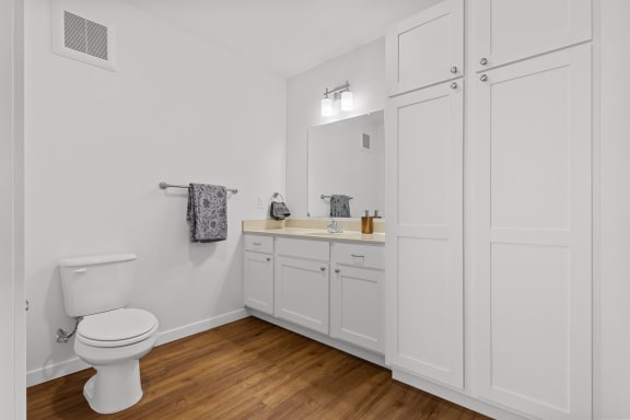 a bathroom with white cabinets and a toilet and a sink at Yellowstone Landing, Montana, 59714