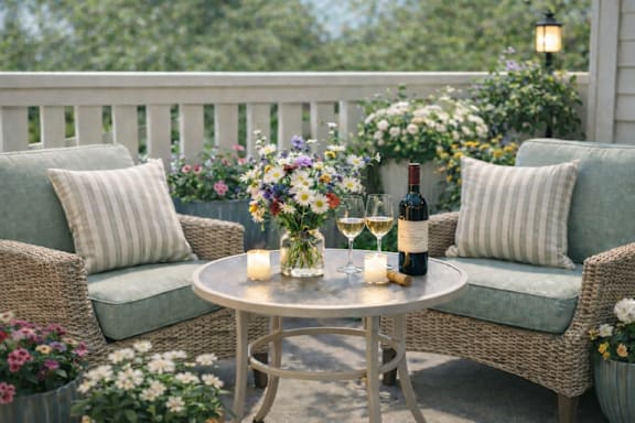 A table with two chairs and a bottle of wine on it.