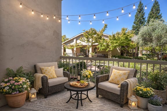 A patio with two chairs, a table, and string lights.