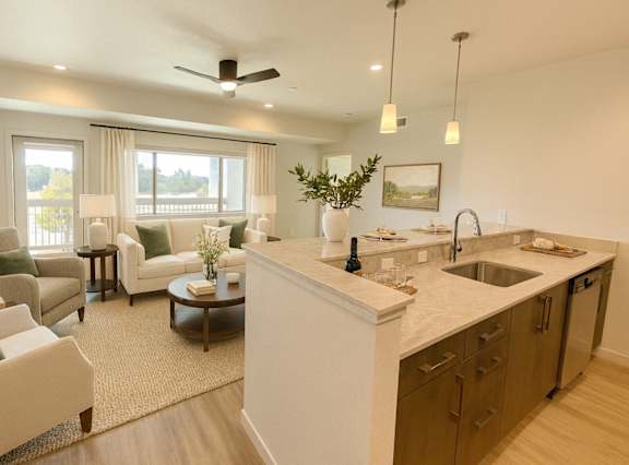 A modern kitchen with a large island and a living room area with a sofa and chairs.