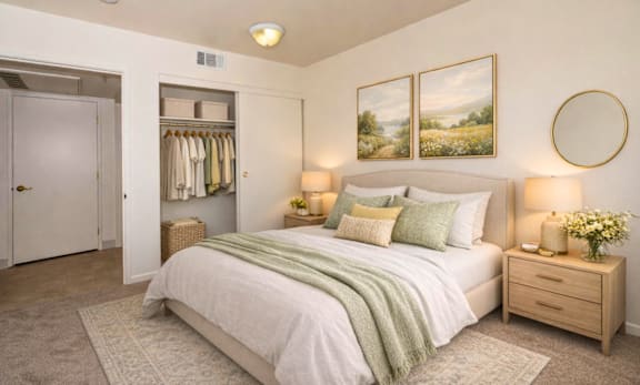 A bedroom with a large bed, a wardrobe, and a painting on the wall.