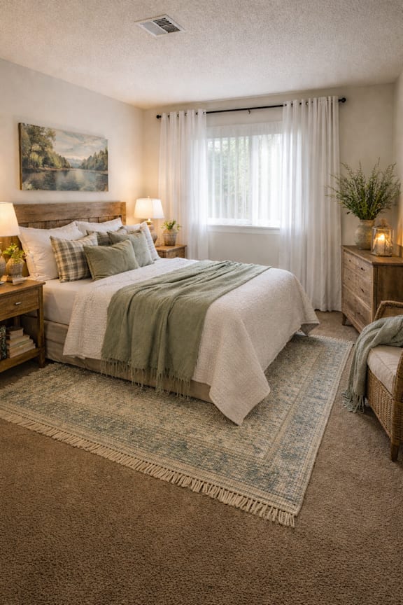 A bedroom with a large bed and a painting on the wall.